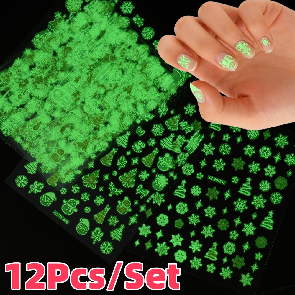 Nail Art Xmas Tree - 12 stks/set 3D Lichtgevende Kerst Sneeuwvlokken