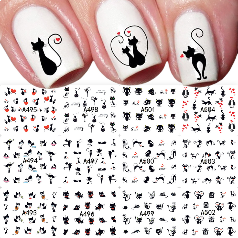 Nail Art Valentines Day - 12 stks Zwarte Kat Stickers Nail